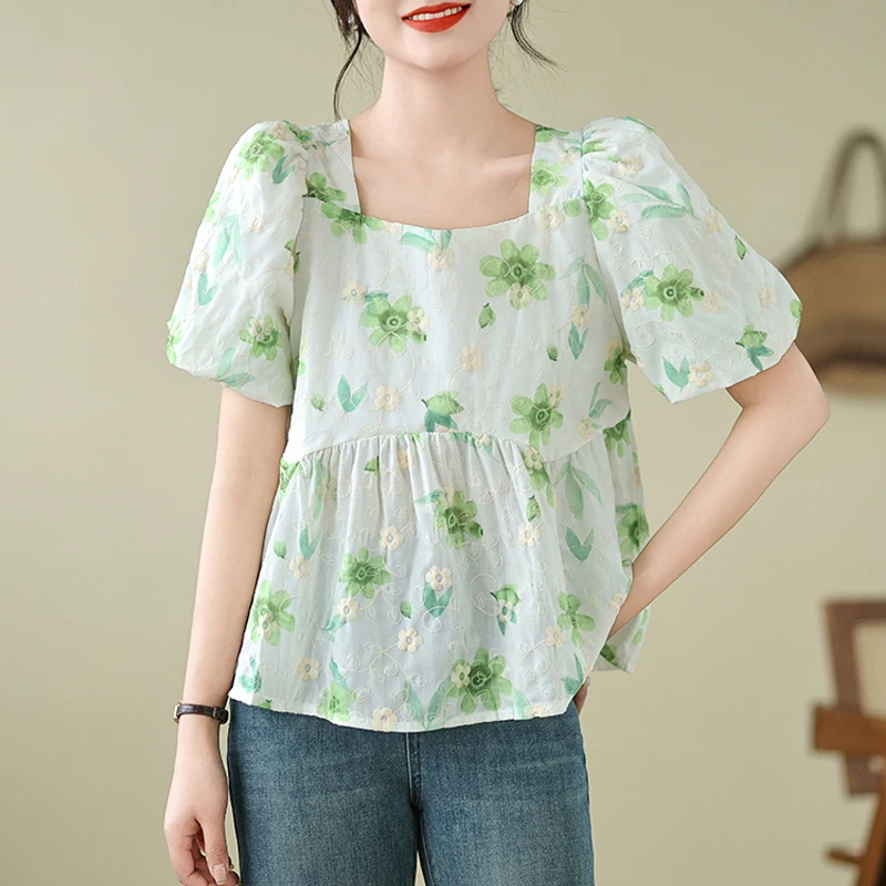 Blusa con estampado Floral para mujer, camisa holgada de manga corta con cuello cuadrado bordado, estilo Kawaii, informal, 2024