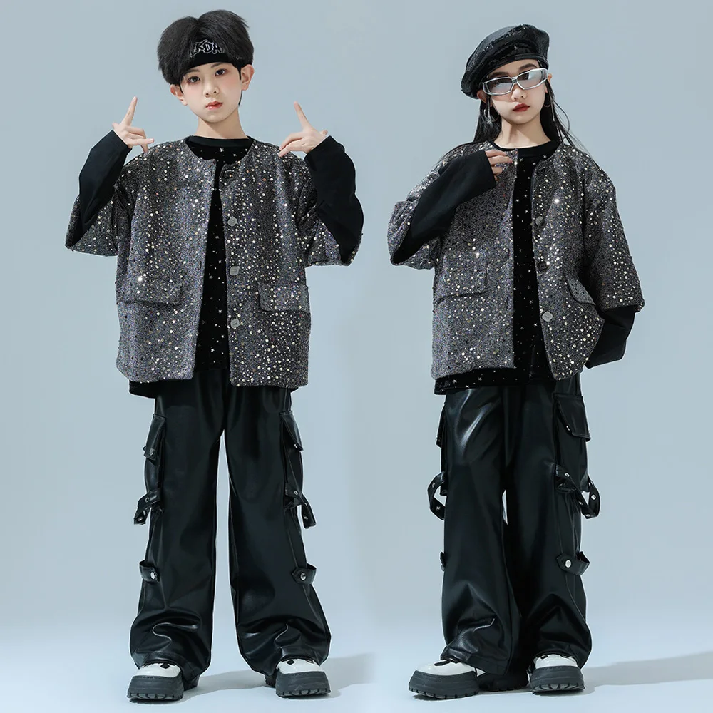 Children Boys Girls Loose Sequined Short Sleeve Vest Leather Pants Sets Kids Fashion Stage Show Suits Performance Costume