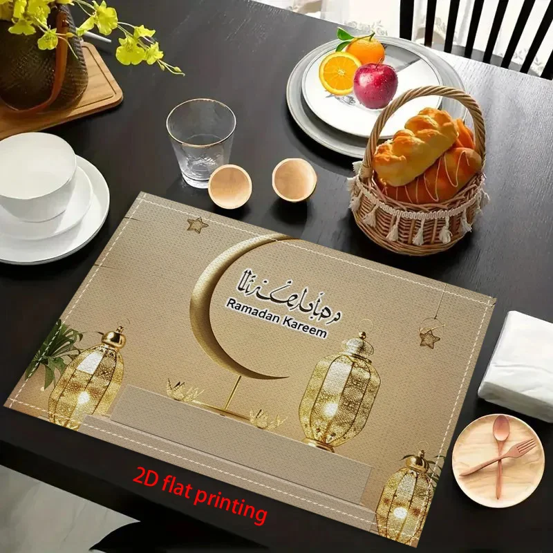 Ramadan Kareem Placemats - Golden Glitter Crescent Moon & Stars Design, Durable Linen Table Mats for Eid