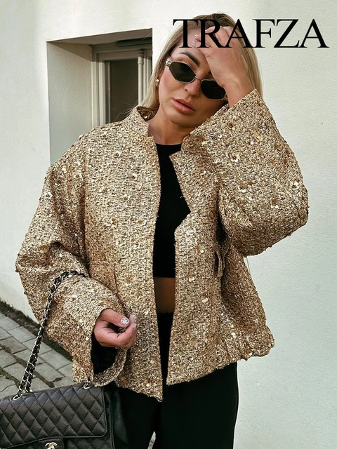TRAFZA Women Fashion Shiny Sequin Jacket Y2k Gold Color Stand Collar Long Sleeve Short Coat Autumn Winter Ladies High Streetwear AliExpress 200000345