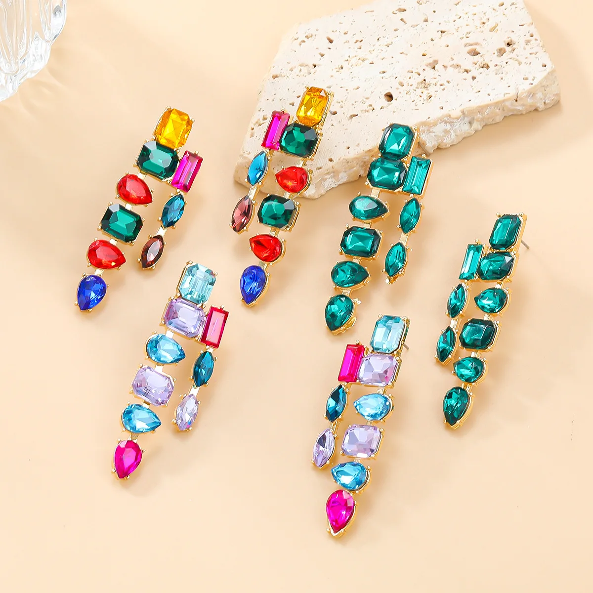 Gold Statement Mixed Colors Fuchsia Green Crystals Women Bridal Party Wedding Big Earring