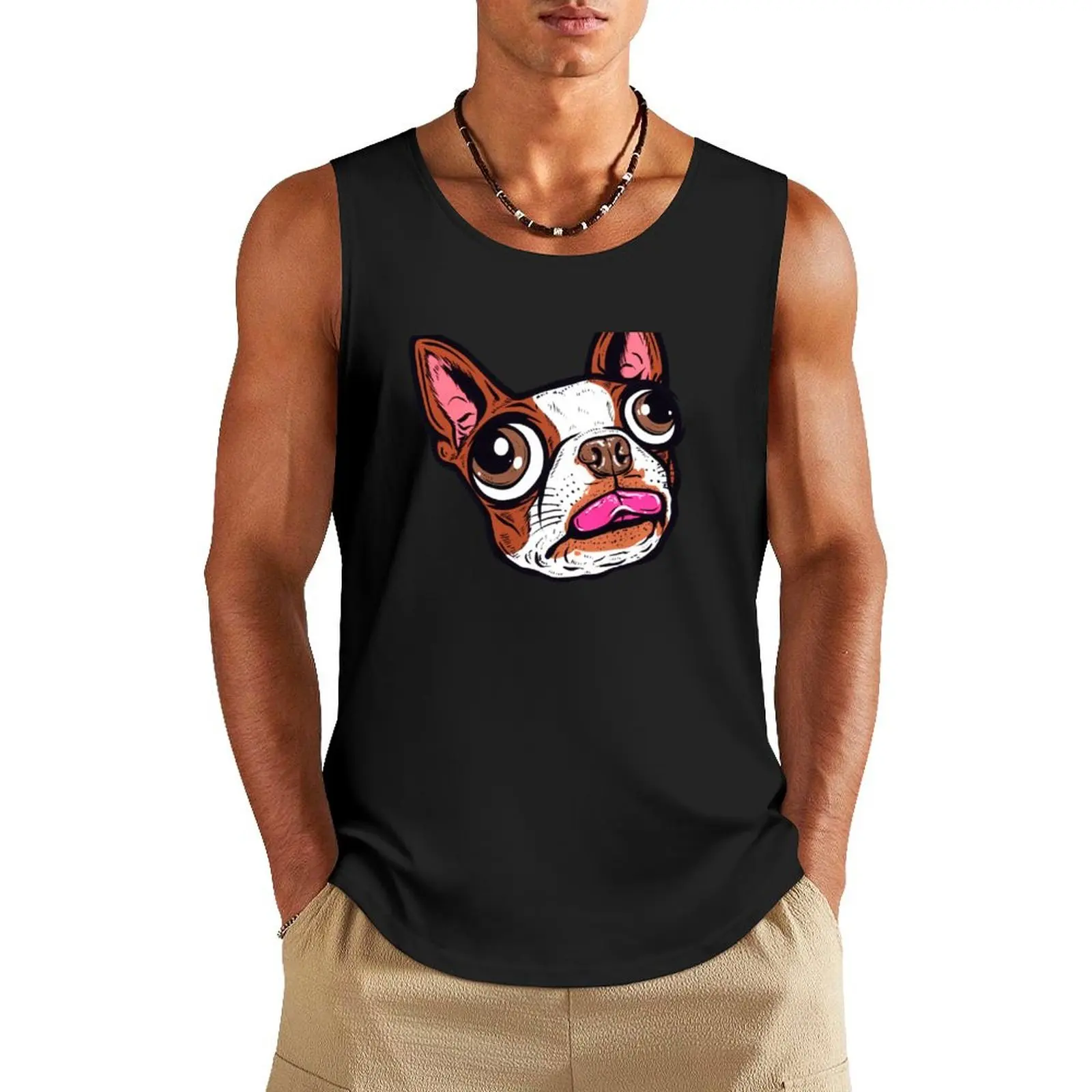 

Brown Boston Terrier Tank Top Gym wear Men's cotton t-shirt sleeveless gym shirt man fitness quick-drying t-shirt