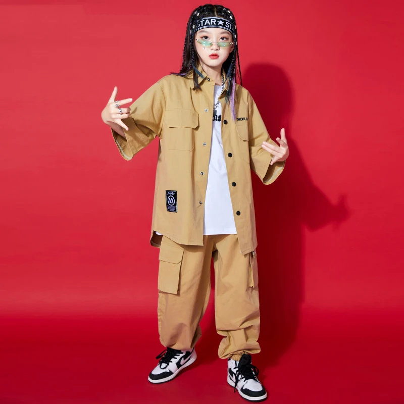 Kids Hip Hop Street Dance Costume Girls Jazz Dance Clothes Khaki Tops Pants Short Sleeved Suit Concert Performance Outfit BL8611