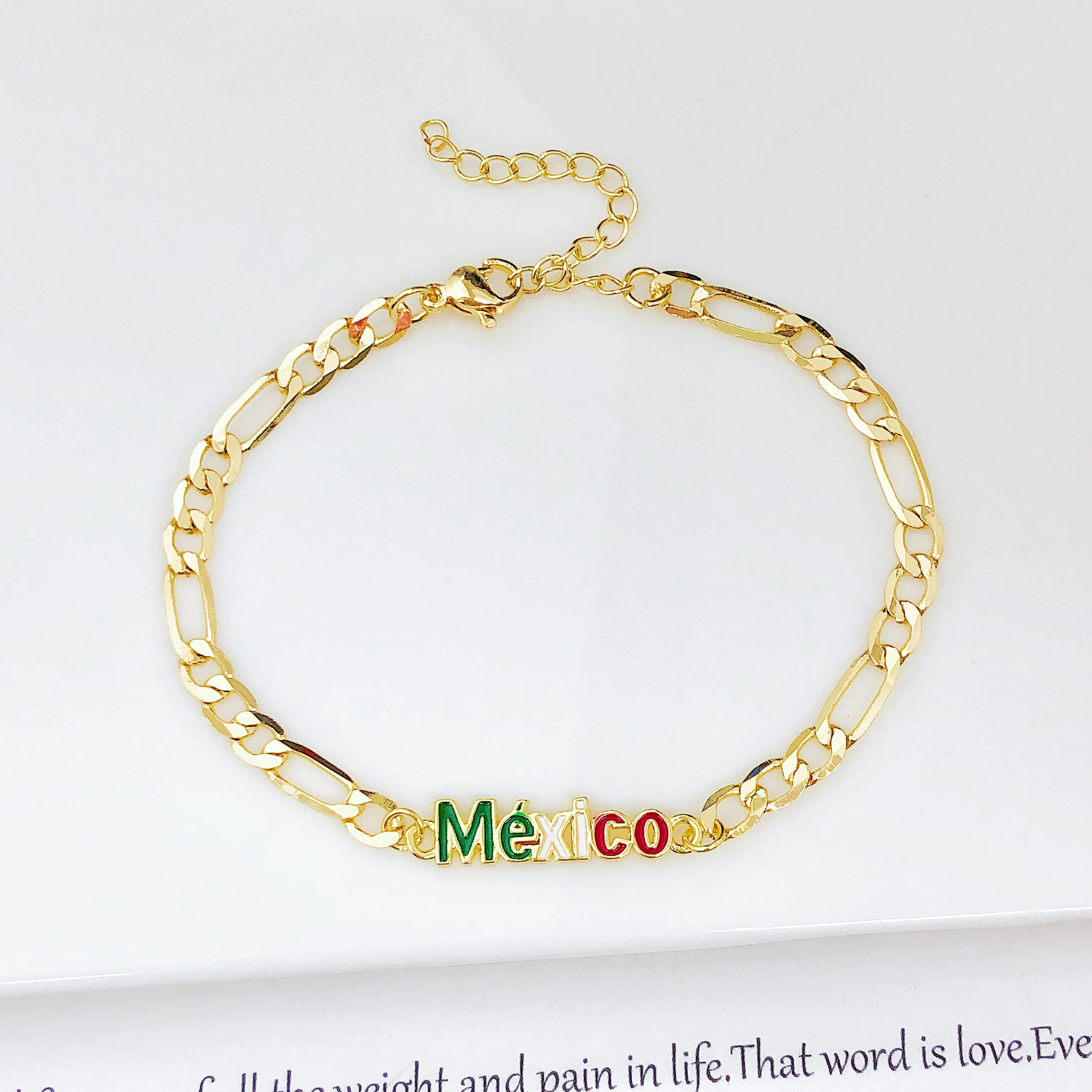 Classic Enamel Art Gold Plated Mexico Colombia Flag Adjustable Bracelet for Men Women Holiday Anniversary Jewelry Fine Gift