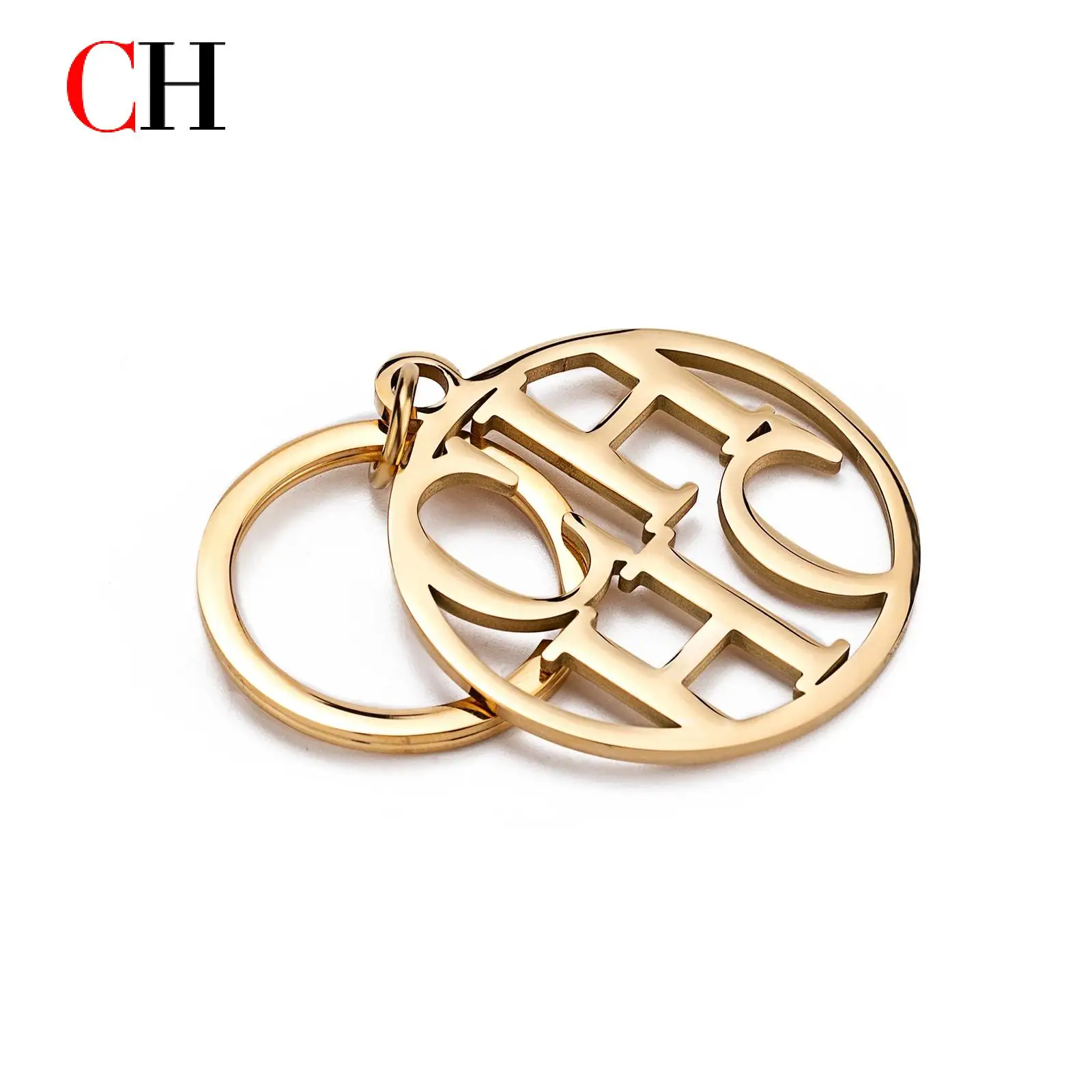 CH Monogram Hollow Keychain Gold Stainless Steel Circular Letter Pendant Key Ring Bag Charm Car Key Accessory Personalized Gift