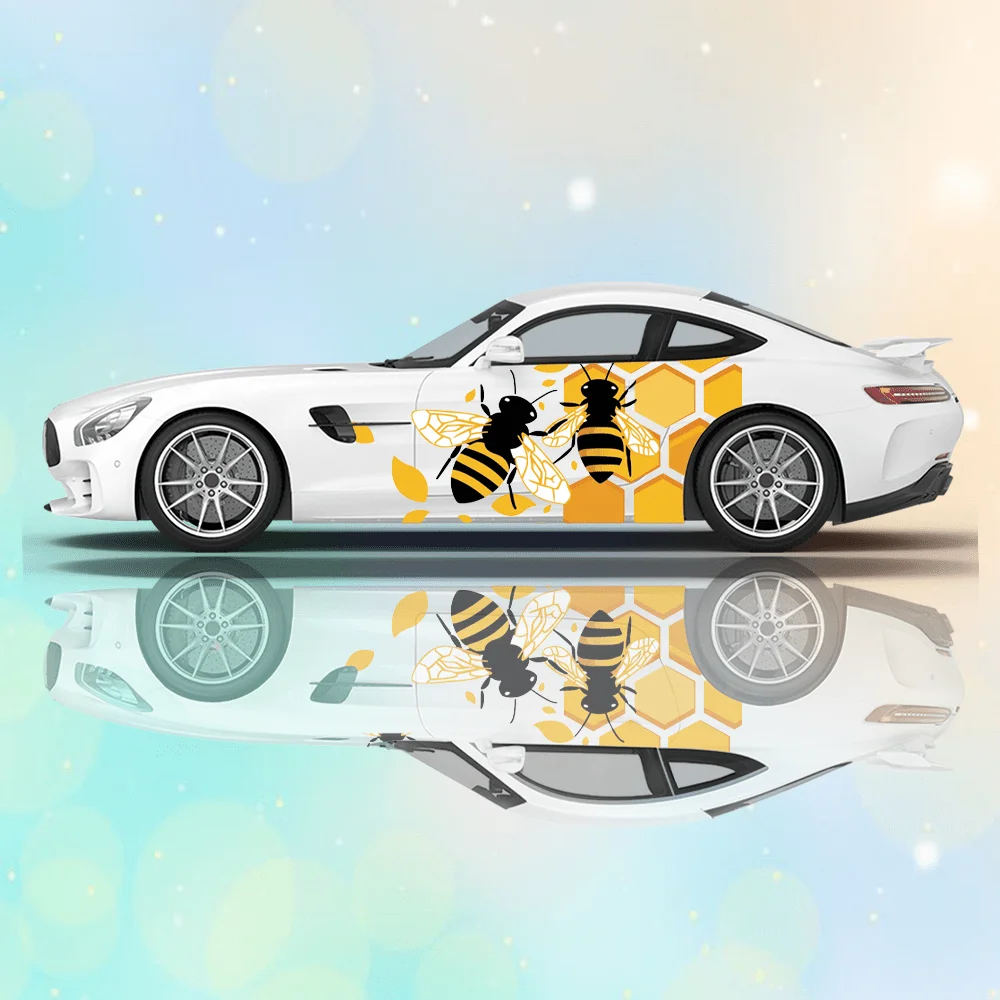 

Line Honeycomb Bee Print Car Side Sticker Decoration Protection, Waterproof Self-adhesive Decal Auto Accessories Wrap Cover