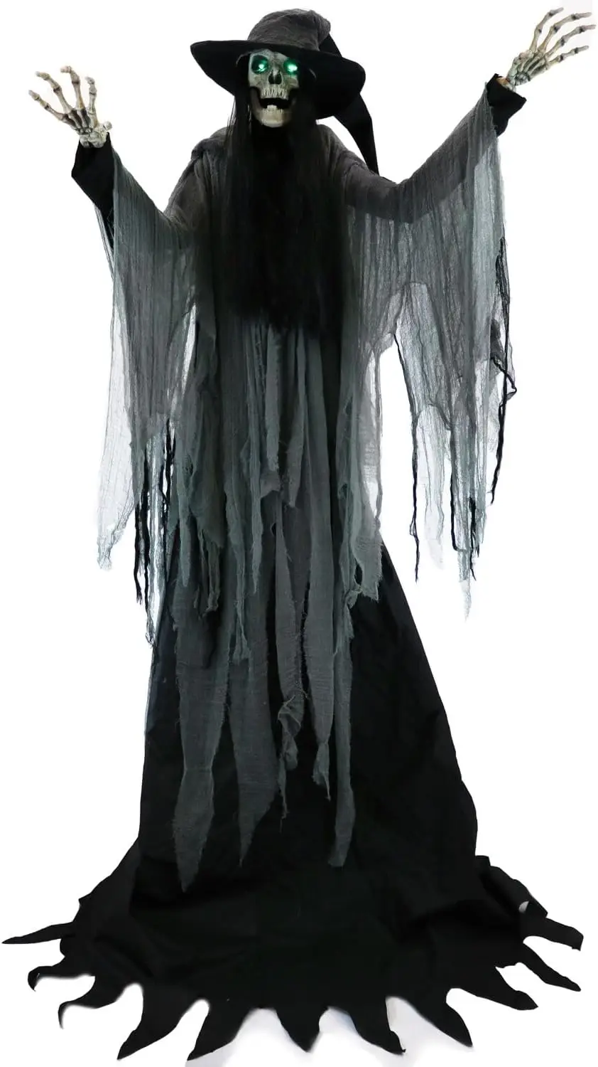 Haunted Hill Farm 7.5-Ft. Tall Macabre Skeleton Witch Motion-Activated Talking Halloween Animatronic Indoor Covered Outdoor