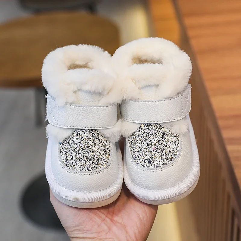 Winter Baby Girls Genuine Leather Boots Non-slip Plush Kids Snow Boots Infant Toddler Shoes Outdoor Sequins Children Shoes