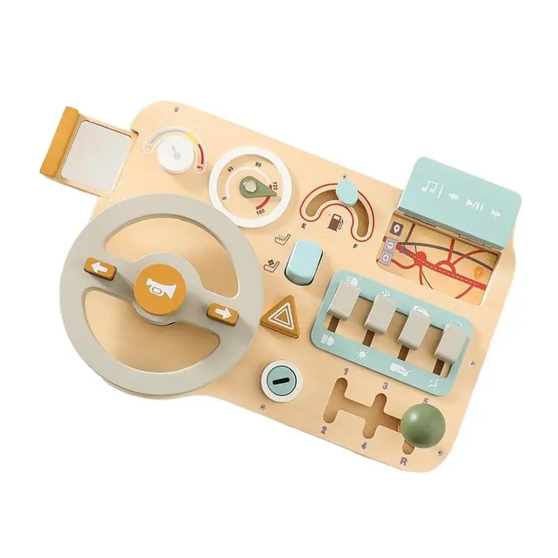 

Kids Steering Wheel Toy Wooden Driving Simulator Board Interactive Wooden Dashboard Steering Wheel Pretend Play Driving Toy