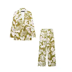 KONDALA 2024 Summer Women Office Lady Linen Print Suits Button Blazers+Zipper Pockets Long Pants Elegant Women Fashion Sets