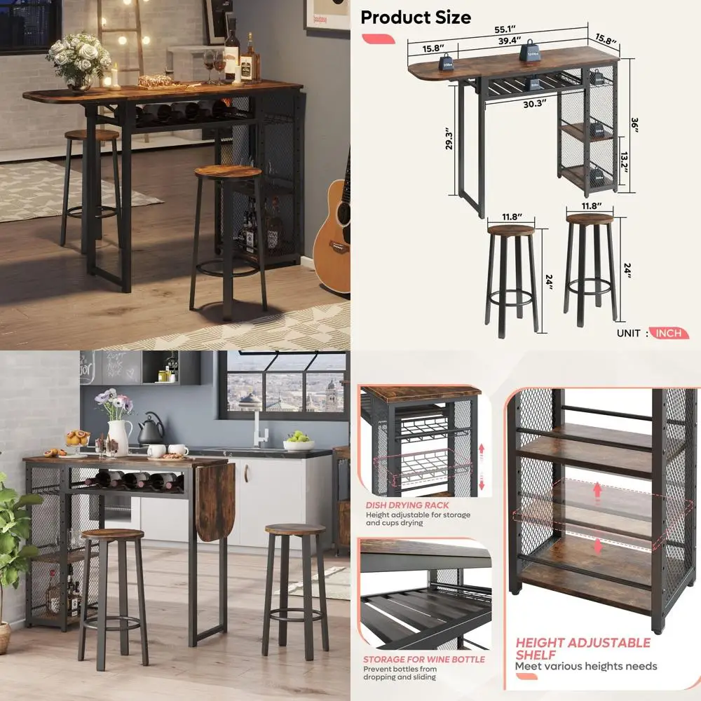 

Rustic Brown Expandable Dining Table with 2 Bar Stools, Industrial Kitchen Counter, Wine Rack & Adjustable Storage Shelves