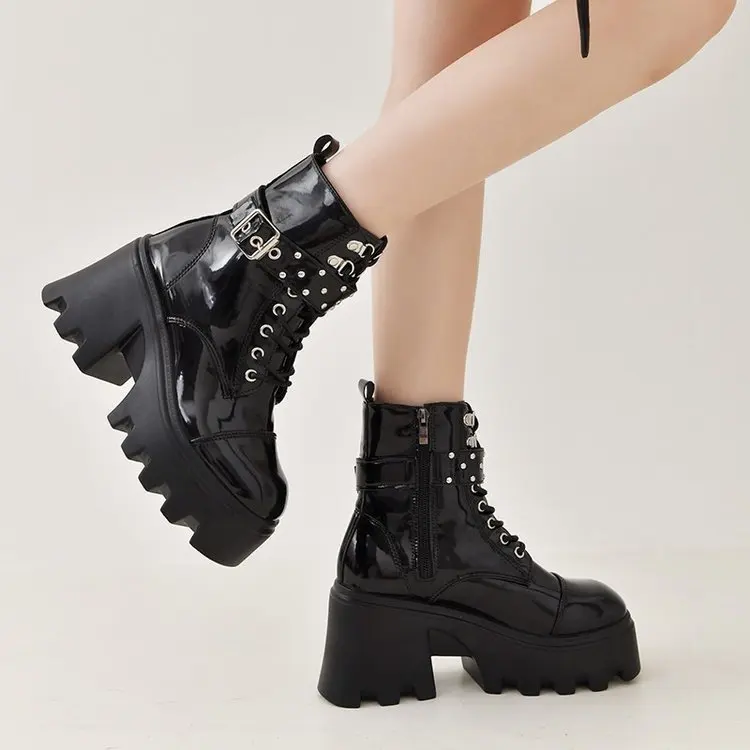 Women's Gothic Platform Boots, Punk High Heel Booties With Chain & Rivet Decoration, Black Motorcycle Boots_voghion.com