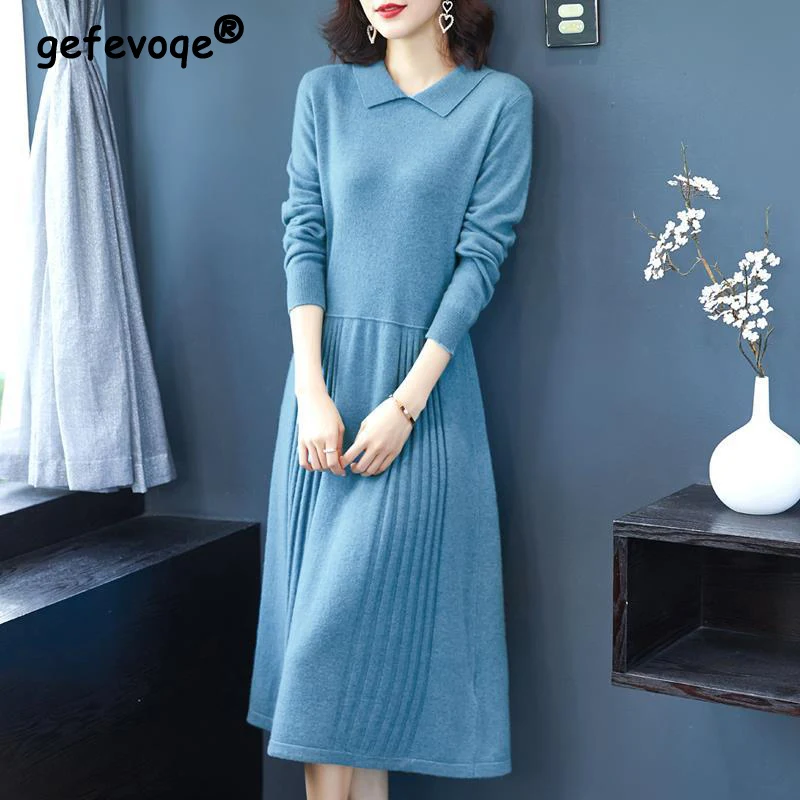 

Korean Elegant Ribbed Knitted Sweater Midi Dress Women Fall Winter Fashion Casual Slim Long Sleeve Soft Ladies Dresses Clothing