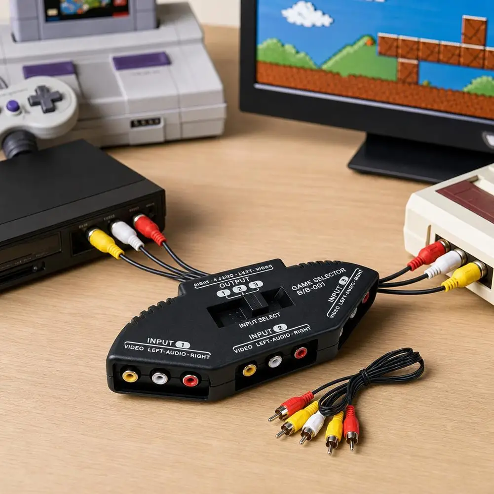AV33 3 in 1 Out AV RCA Audio Video Signal Switcher Selector Box with Free AV Cable Manual Switch Splitter for TV Gaming Consoles