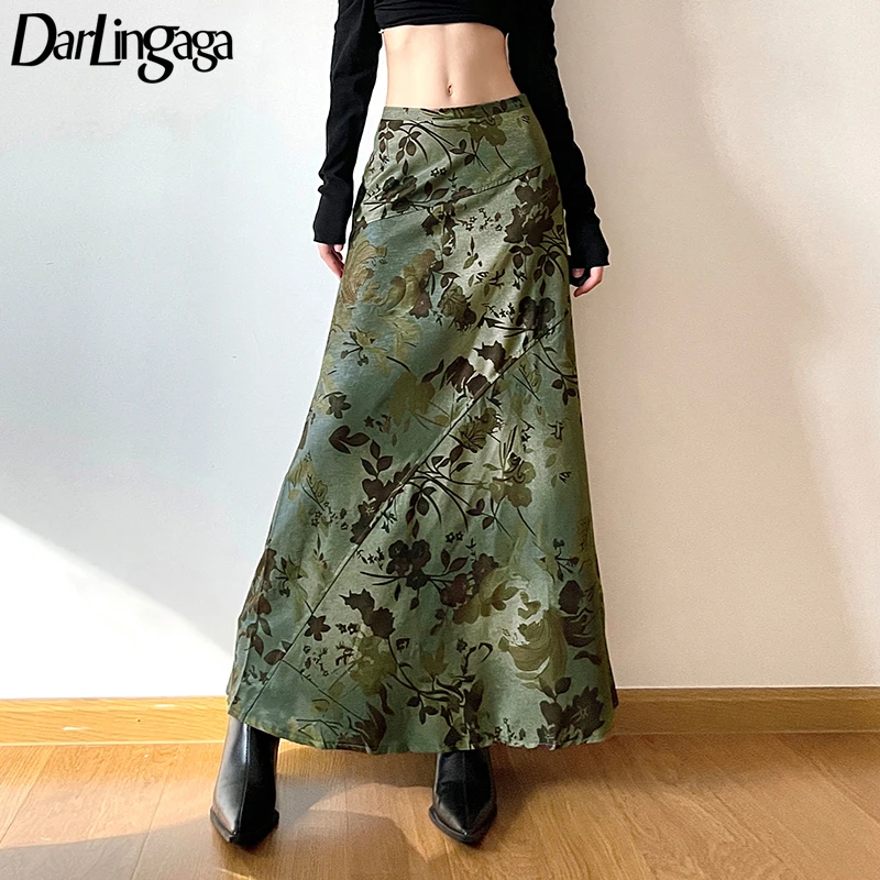 

Darlingaga Grunge Fairycore Y2K Vintage Long Skirt Women Aesthetic Flowers Printing Chic Autumn Dress 2000a Clothing Low Waisted