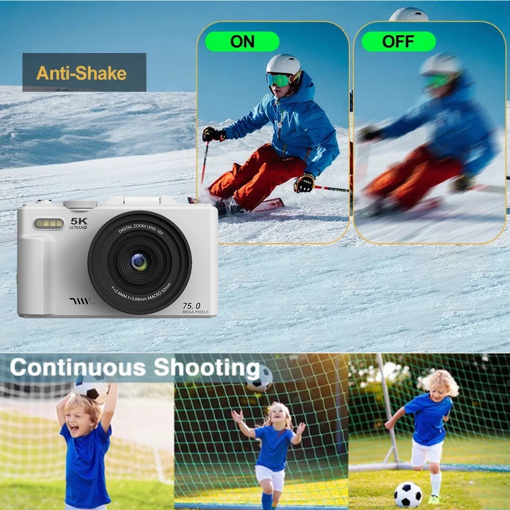 

180° Flip Screen Digital Camera 75MP 5K Photography WiFi Web Cam 3 Inch/18X Zoom Compact Vintage Vlog Video Recorder Camcorder