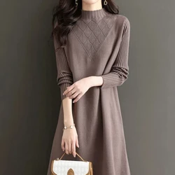 Women's Clothing Autumn Winter Half High Collar Solid Pullover Sweater Knitted Casual Elegant Long Sleeve Aesthetic Dresses