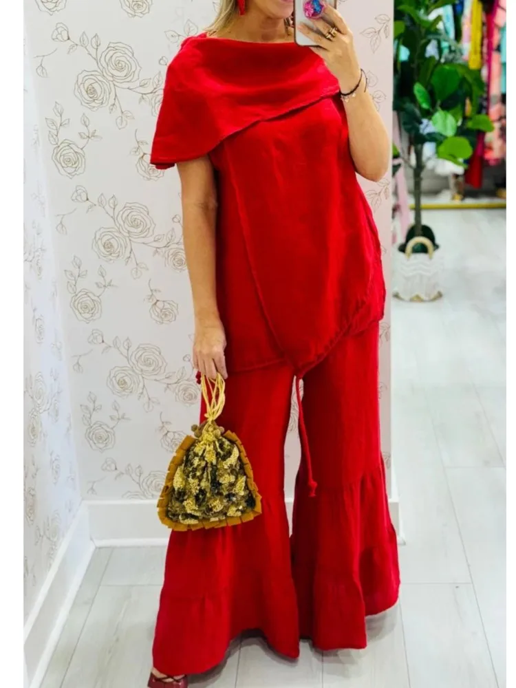 Moda feminina confortável casual solto terno primavera e outono elegante em torno do pescoço superior calças de deslocamento de perna larga conjunto de duas peças