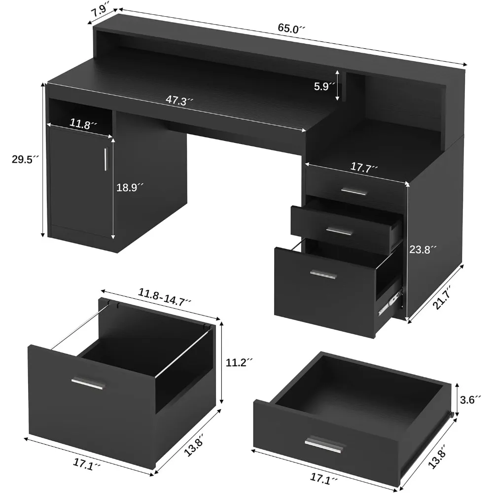 Black Writing Office Desk With 3 Drawers & 1 Storage Cabinet Gaming Desk With Storage Shelf & Large Desktop Computer Furniture