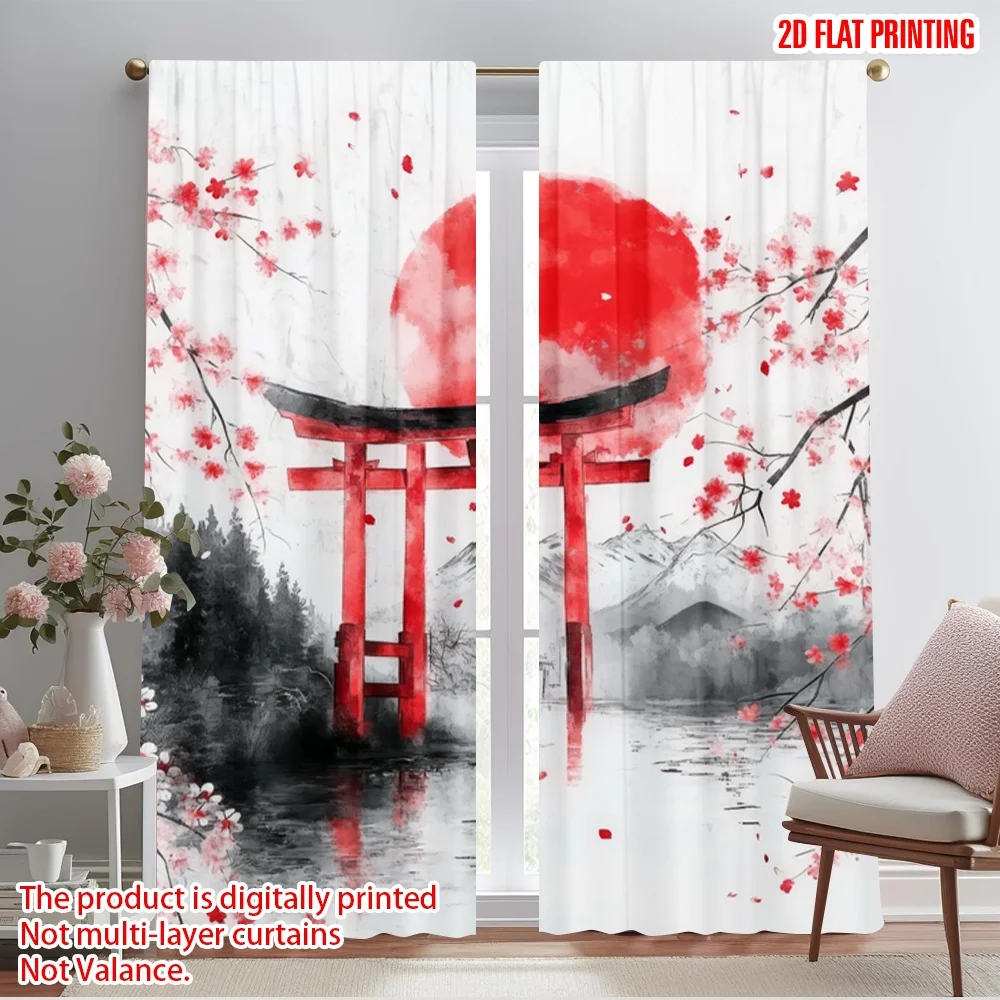 2pcs,2D plane printing Window Curtain Cherry Gate Sunrise Polyester (without rod) Festive Ldeal for Bedroom, Living Room