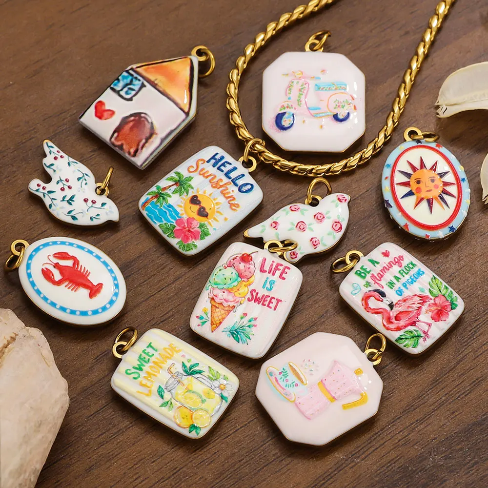 2 Pcs  Double-Sided Enamel Stainless Steel Charms Hand Painted House Square Pendant for Women DIY Necklace Jewelry Accessories
