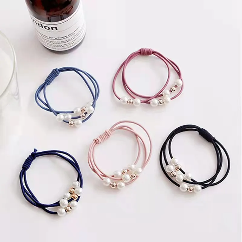 Korean Version Three-line Pearl Base Leather Band High Elastic Tie Hair Circle Hair Rope Hand-knotted Head Rope