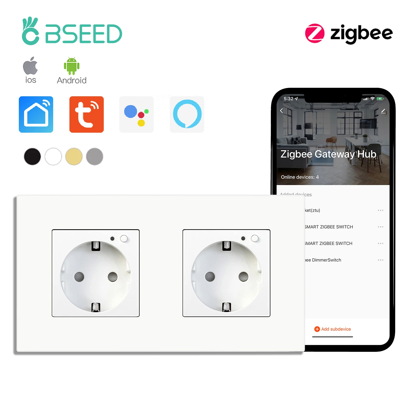 BSEED Zigbee Single Smart Power Socket Double EU Sockets Triple Electric Wall Sockets Tuya Smart Life App Control PC Panel