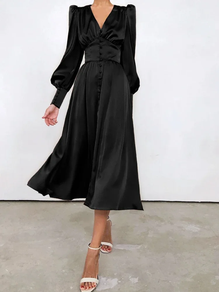 エレガントなファッションシングルブレストドレス女性のためのパーティーローブハイウエストサテンロングドレスセクシーなランタンスリーブシックなミディドレス