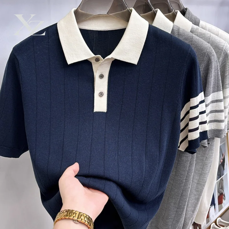 Opening Sale |Men's Color Block Knit Polo Shirt, Short Sleeve Vertical Striped Casual Business Top for Spring Summer
