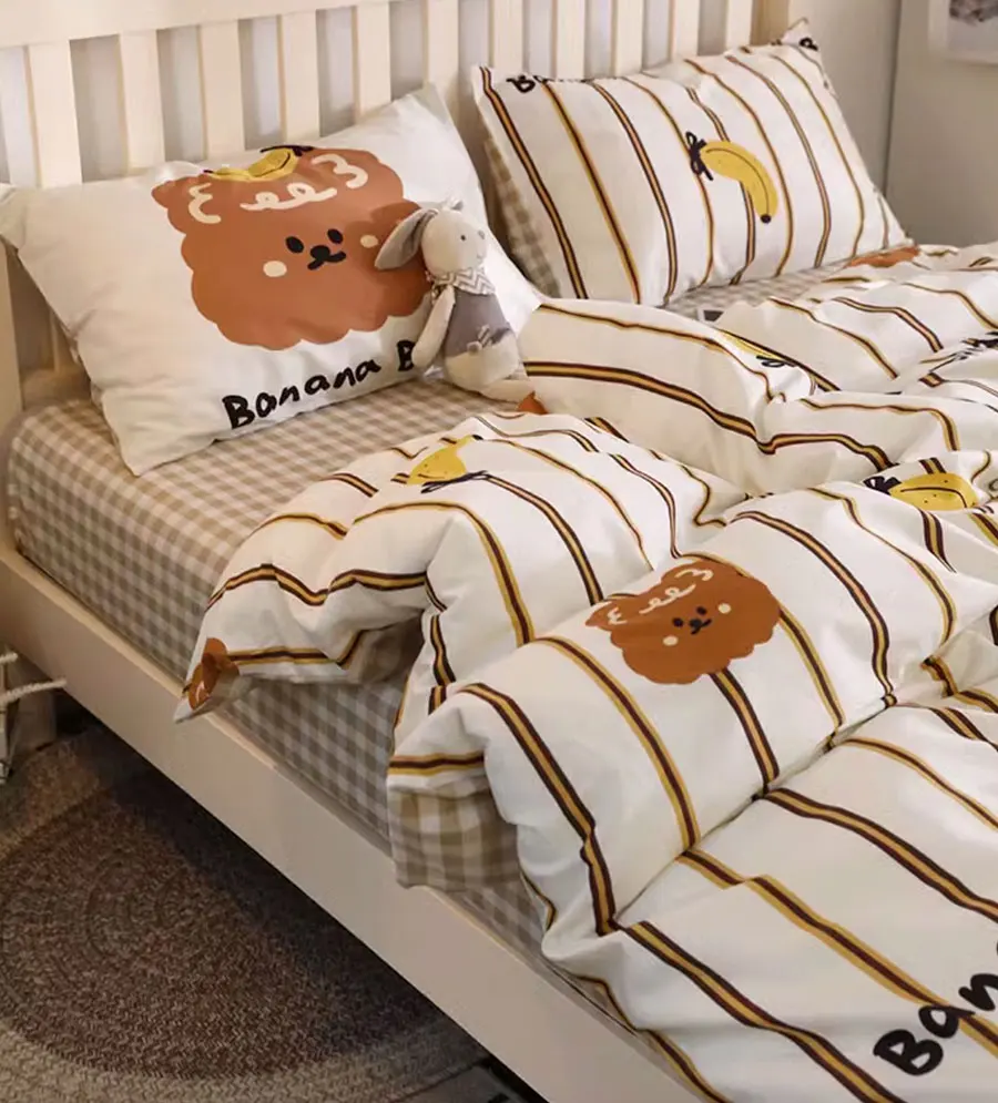 

Fashion cute cartoon bear banana stripes plaid bedding set,twin full queen cotton home textile bed sheet pillow case duvet cover