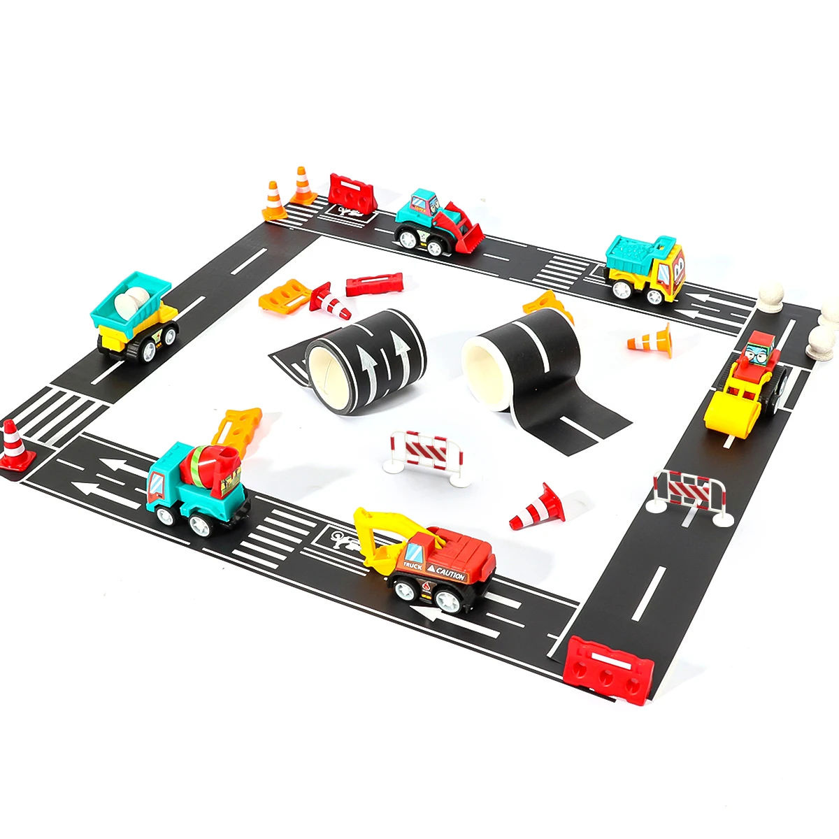15Pcs Mini Inertial Pull Back Engineering Car Set with Road Tape & Barriers - Kids Cartoon Educational Craft Toys Birthday Gift