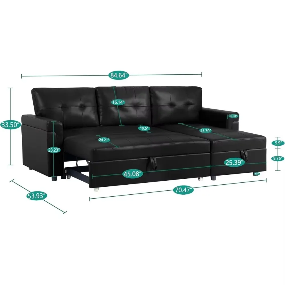 Jenny Sectional Sofa Sleeper with Storage Chaise, Tufted Pull Out Couch with Storage, Sectional Sofa Bed, L-Shaped