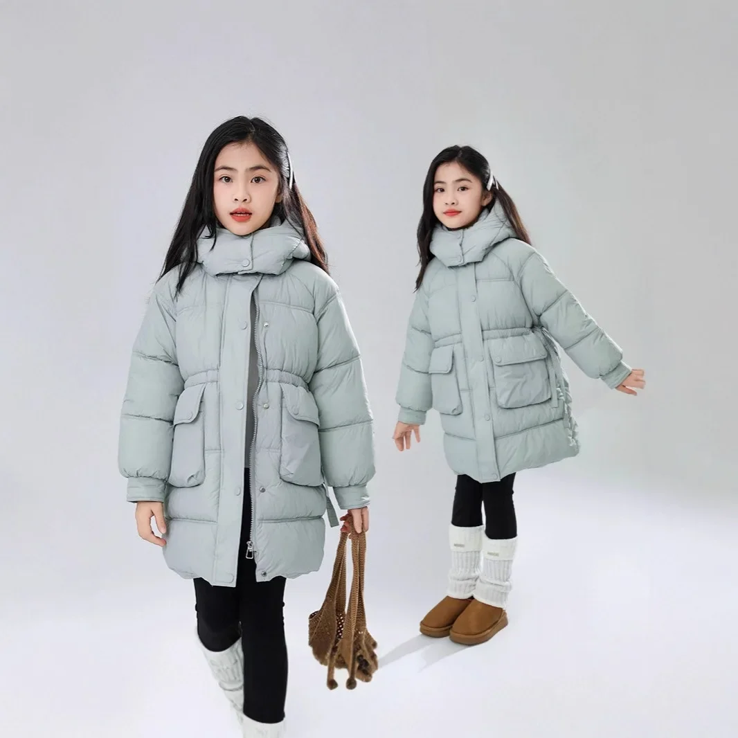 

2025 New Girls' Mid To Long Down Cotton Jacket Waist Cinched Cotton Jacket Thick and Warm Cotton Coat Jacket