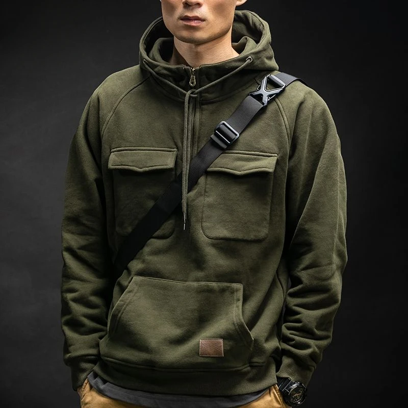 Half Zip Workwear Hoodie Men's Autumn Winter Heavyweight Tactical Hooded American Multi Pocket Jacket Men's Cargo Streetwear