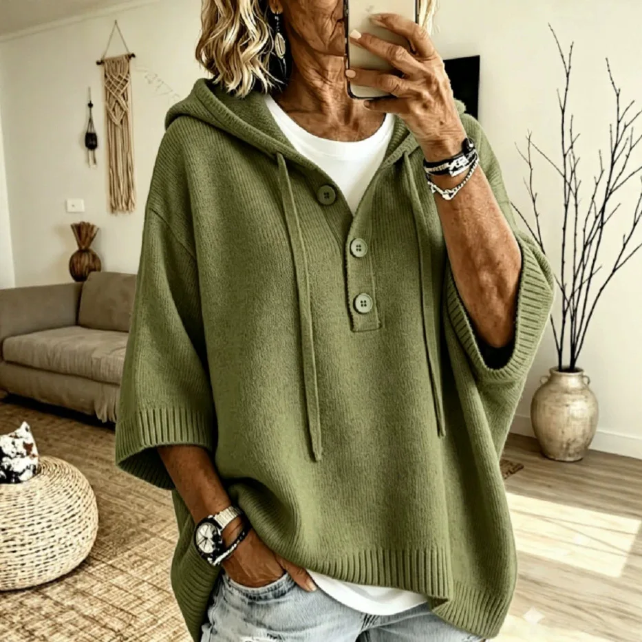 2026 Button-knit   Hooded. Half-button Lazy-style Sweater, New Autumn/winter Collection, Solid Color. Multifunctional Women's Cl