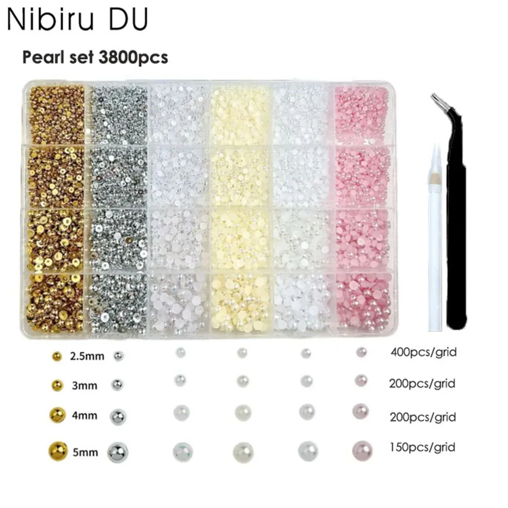 

1 коробка, 3800 шт., 3D полукруглые жемчужные бусины из АБС-пластика, стразы с плоской задней частью, подвески, ювелирные изделия, украшения для дизайна ногтей, сделай сам, аксессуары для маникюра