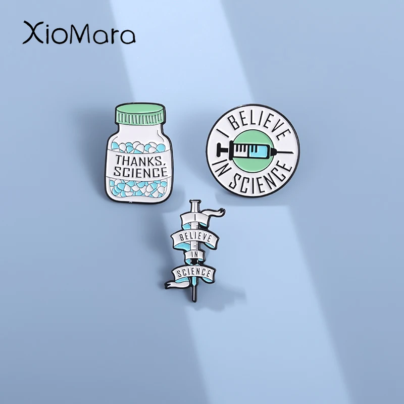 Syringe Pills Enamel Pins Custom I BELIEVE IN SCIENCE THANKS. SCIENCE Brooches Lapel Badges Jewelry Gift for Doctor Friends