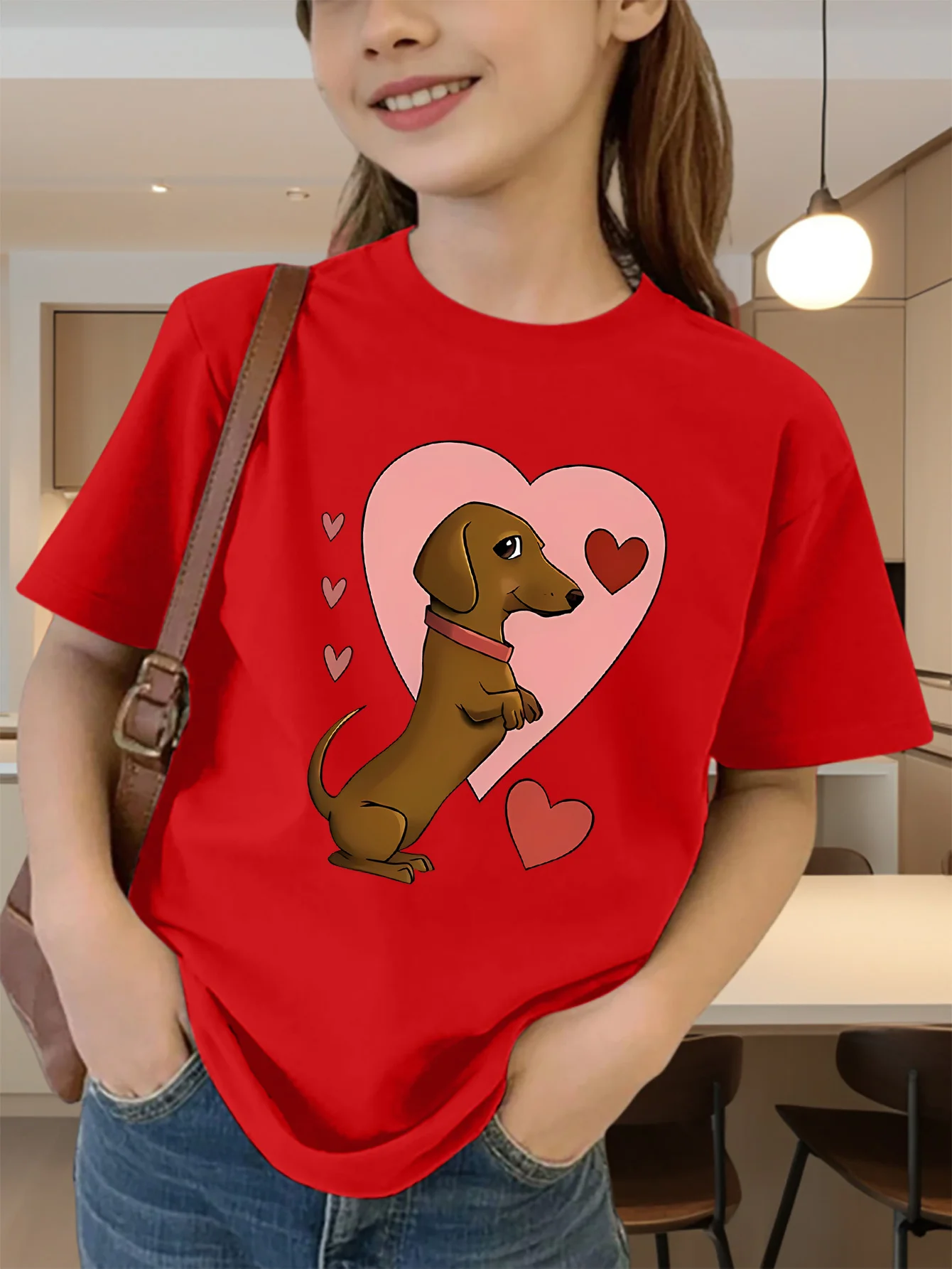 Cute Dachshund Dog Pink Hearts Print Graphic Kids Tee Boys Girls Family Matching Cotton Crew Neck Short Sleeve Soft Summer Tee