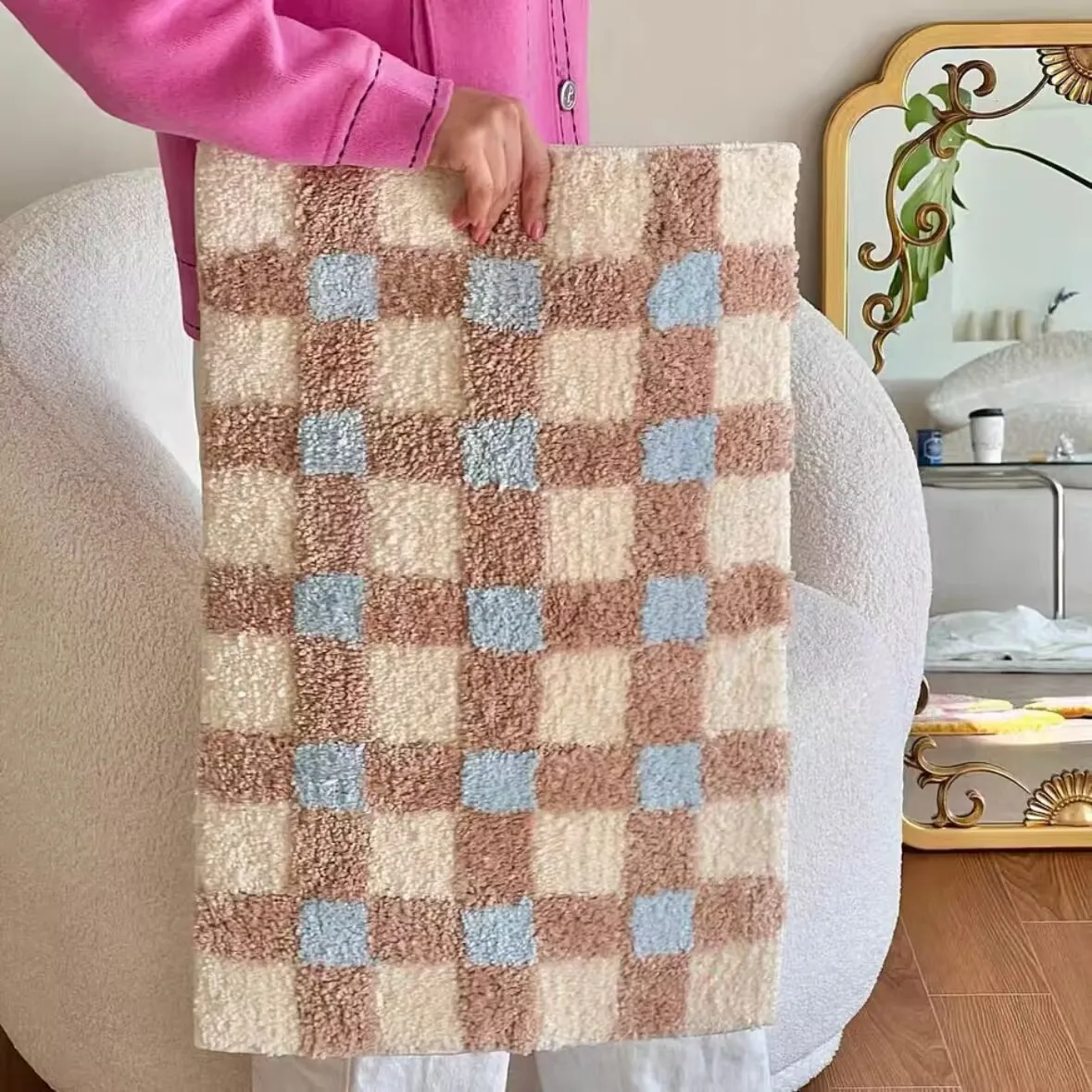 Long Tufted Grids Living Room Carpet Bathmat Bedside Rug Soft Bedroom Cloakroom Bathroom Mat Floor Pad Aesthetic Home Decor