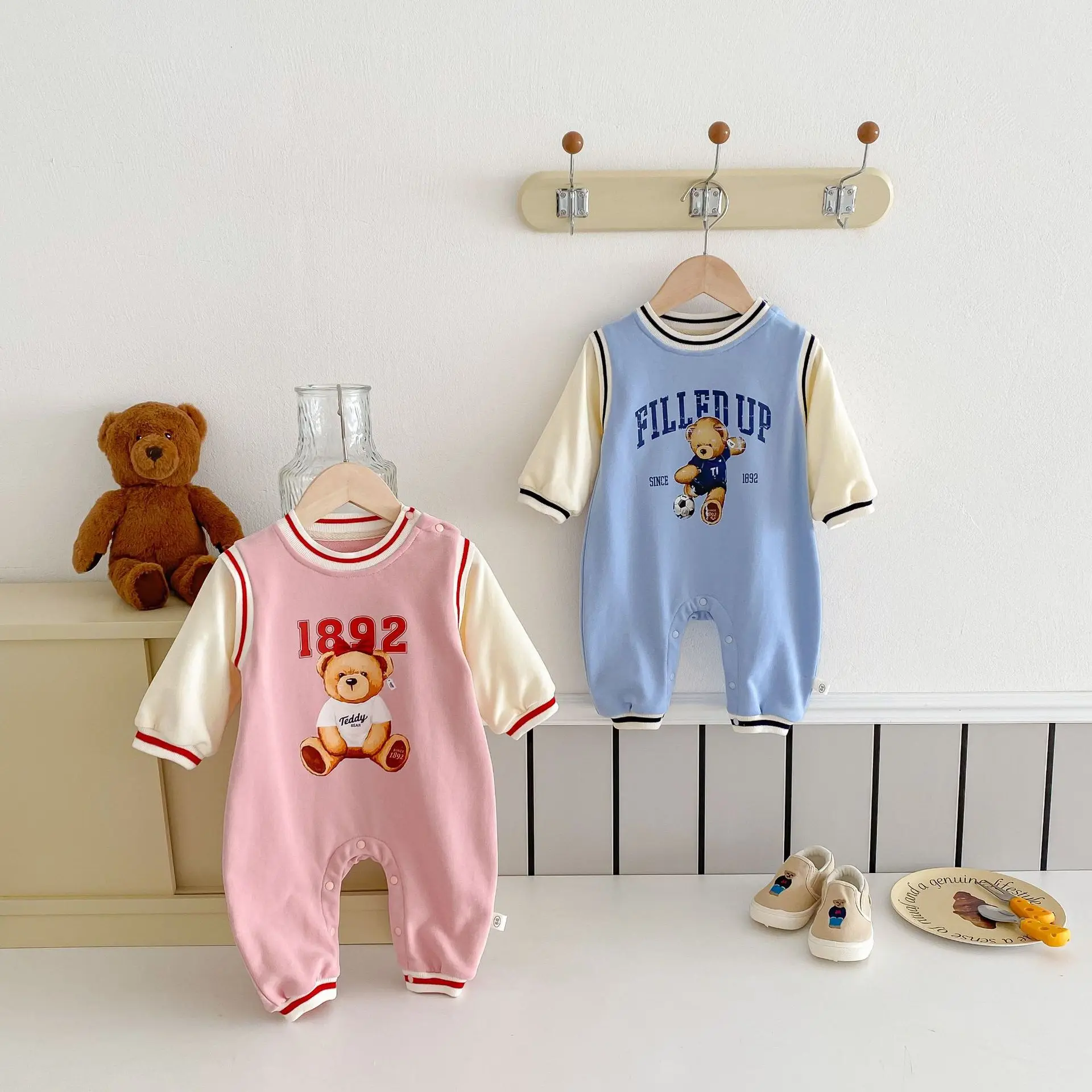 2024 Spring Autumn Infant Baby Boys Girls Patchwork Cartoon Bear Jumpsuits Toddler Kids Cute Clothing Romper Newborn 0-24M