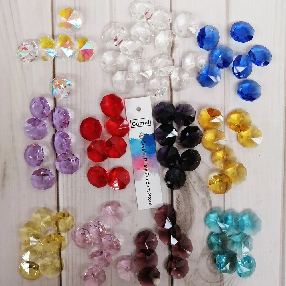 Camal 100Pcs 11 Color 14mm Crystal Octagonal Loose Beads 1 Hole Chandelier Lamp Garland Strand Parts Curtain Craft Ornamemt DIY