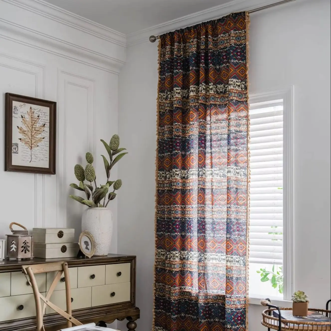 Bohemian Style Vintage Ethnic Geometric Tassel Window Curtain Boho Light Filtering Drape for Kitchen Bedroom Living Room Decor