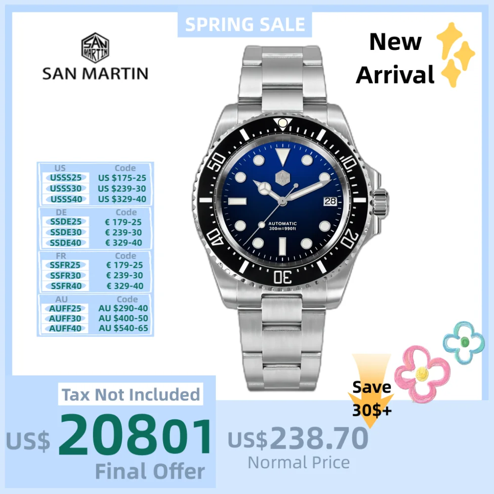 

San Martin 40mm 3H NH35 Date Men Diver Watch Mechanical 300M Waterproof Wristwatches BGW-X1 Super Lume Reloj Hombre SN0111GA-3