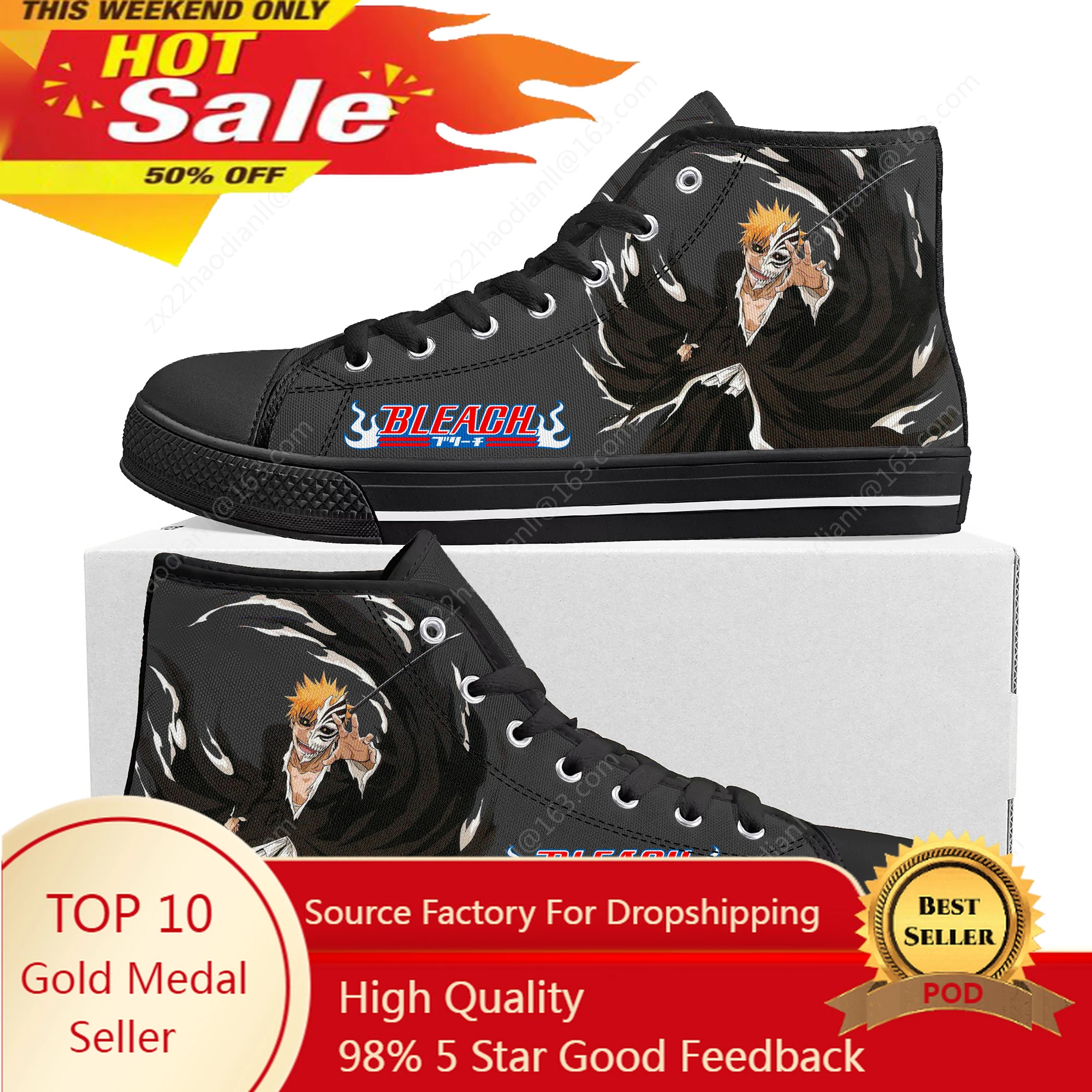 Hot Anime Bleach Kurosaki Ichigo High Top Sneakers Mens Womens High Quality Canvas Sneaker Casual Couple Shoes Custom Shoe