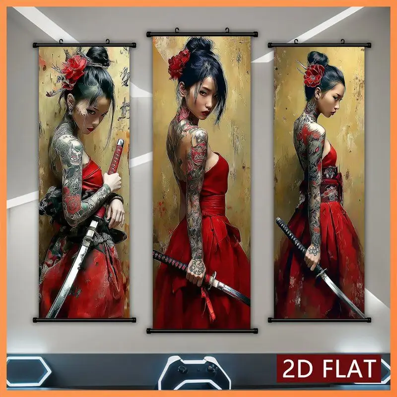 VIKAMA Red Tattoo Samurai Woman Wall Tapestry Katana Rose Vintage Gold Scroll Art Home Decor Lovely Gift Soft Durable Cozy Retro