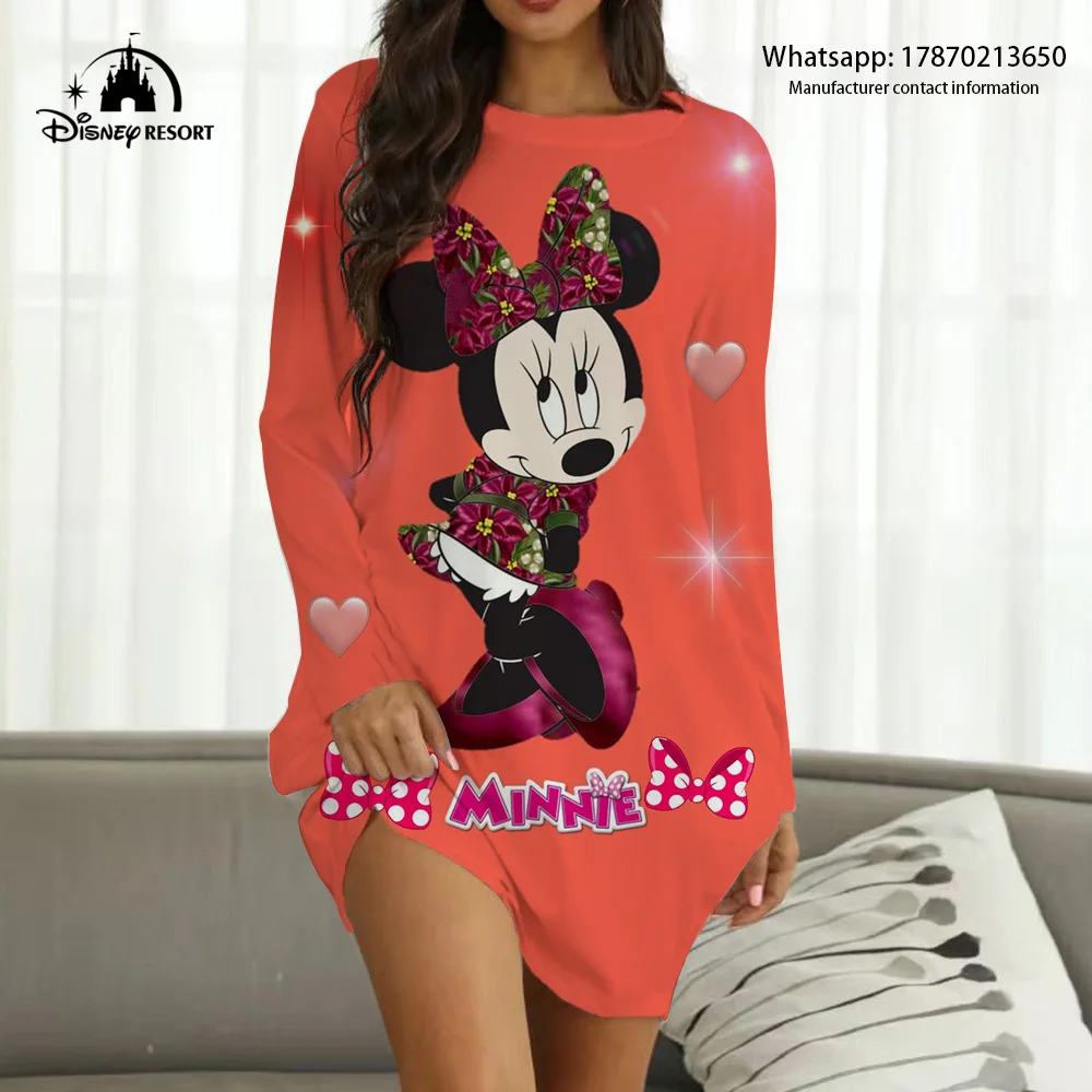 2024 New Women\'s Casual and Comfortable Pullover Long Sleeve Home Dress Mickey Cartoon Pattern 3D Print Home Dress