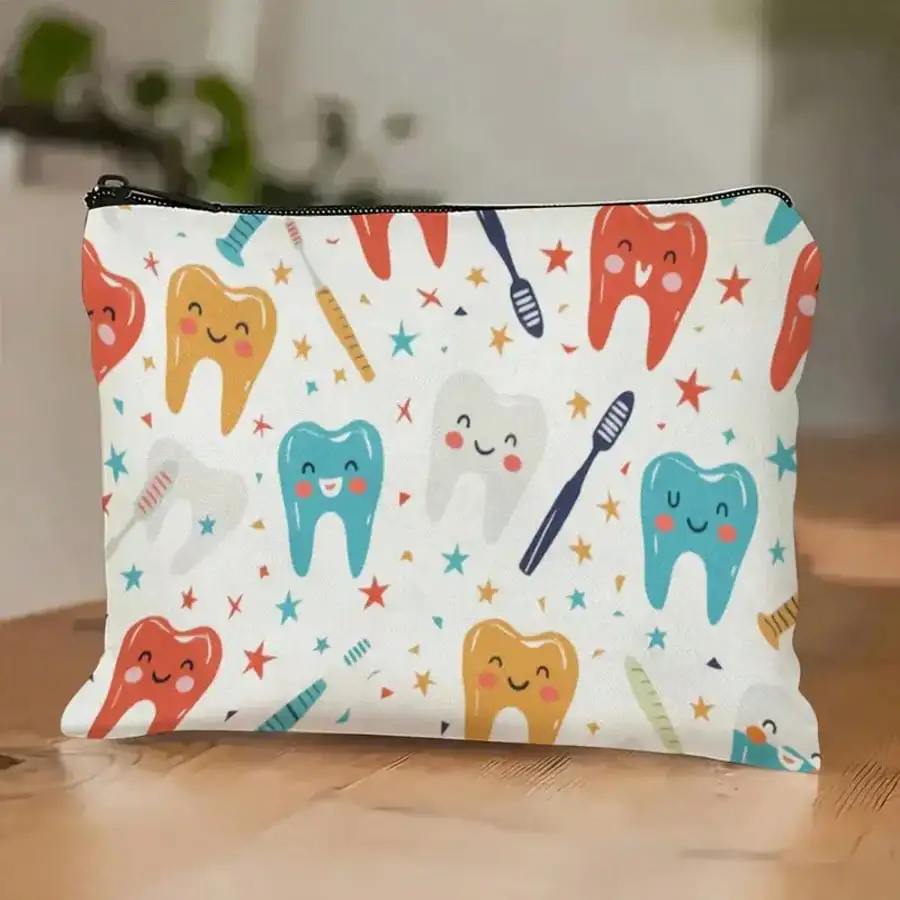 Fun and Educational Dental Care Travel Bag Colorful Illustrations of Teeth Toothbrushes Toothpaste Etc for Boys Girls Coin Purse