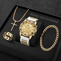 4PCS Fashion Arabic Dial Men Business Quartz Watch CasuSilicone Strap Wristwatch With Necklace Set Reloj Hombre (Without Box) 3