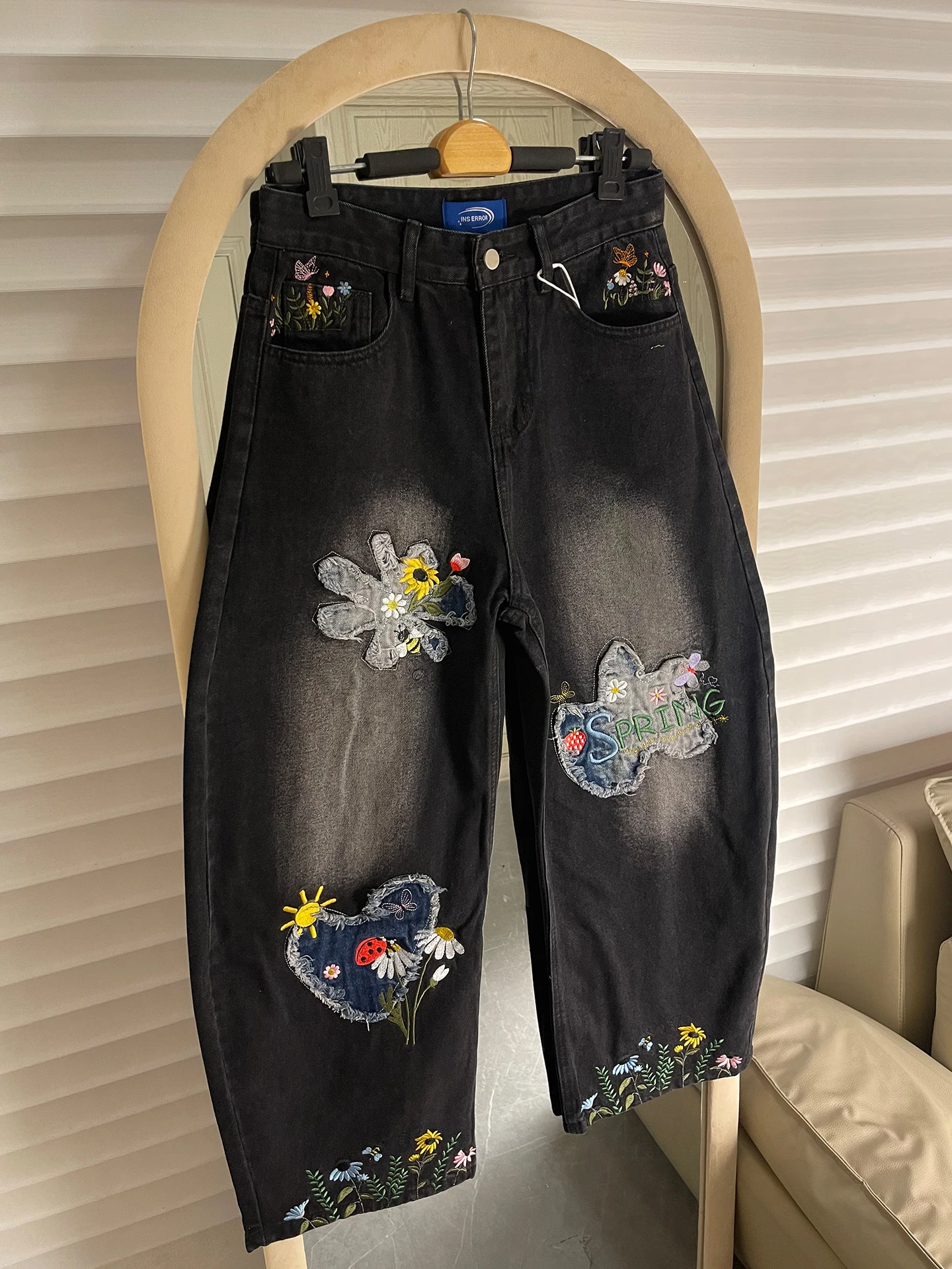 

American Retro Embroidered Knife Jeans Men Women Loose Washed Wide Leg Pants Casual Versatile Straight Cut Denim