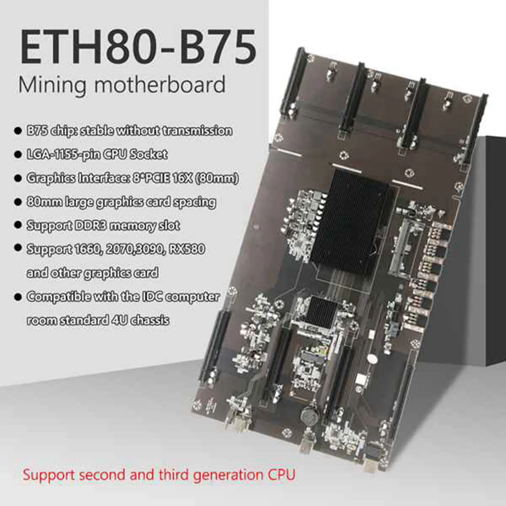 Carte mère minière ETH80 B75 BTC, processeur G1610, ventilateur de refroidissement CPU, 8XPCIE 16X LIncome 1155, prise en charge 1660, 2070, 3090